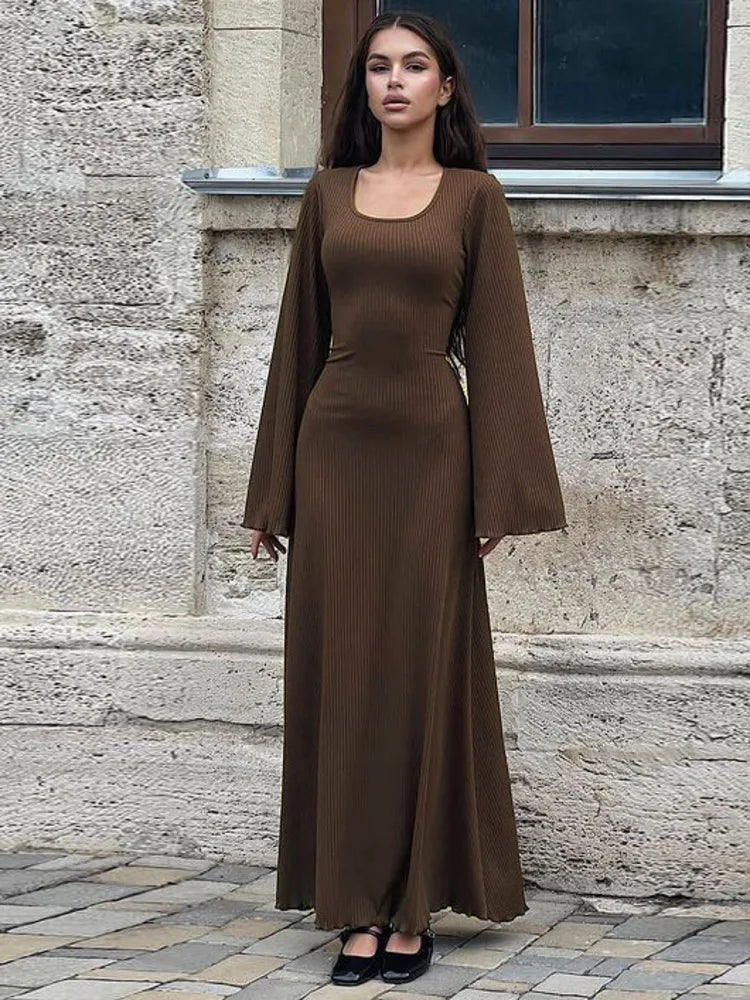 Autumn/Winter New Women Sweater Square Neck Flare Sleeve Lace up Waist Slim Dress Bodycon Party Club Street Clothing