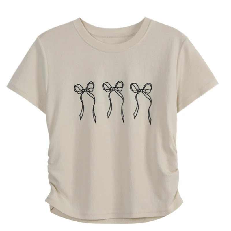 Short Sleeve Y2k Tops Tshirts for Women Embroidery Butterfly O-neck Summer Tees Crop T Shirts Tunic Folds Casual Fashion T-shirt