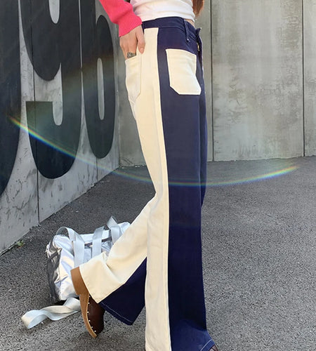 Hit Color Jeans For Women High Waist Patchwork Pocket Casual Loose Summer Flare Pants Female Fashion Clothing