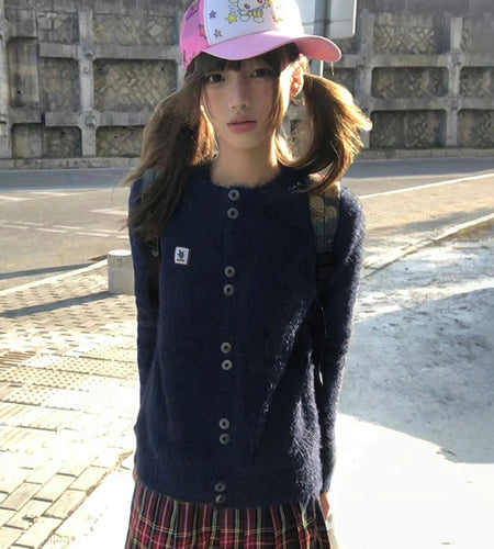 Japanese Y2k Furry Cardigan 2000s Style Knitted Fur Coat Vintage Harajuku Navy Blue Thick Knitwear Korean Fashion 90s