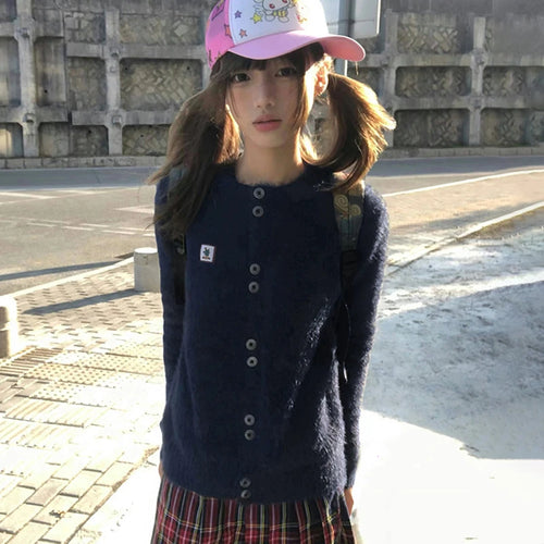 Load image into Gallery viewer, Japanese Y2k Furry Cardigan 2000s Style Knitted Fur Coat Vintage Harajuku Navy Blue Thick Knitwear Korean Fashion 90s
