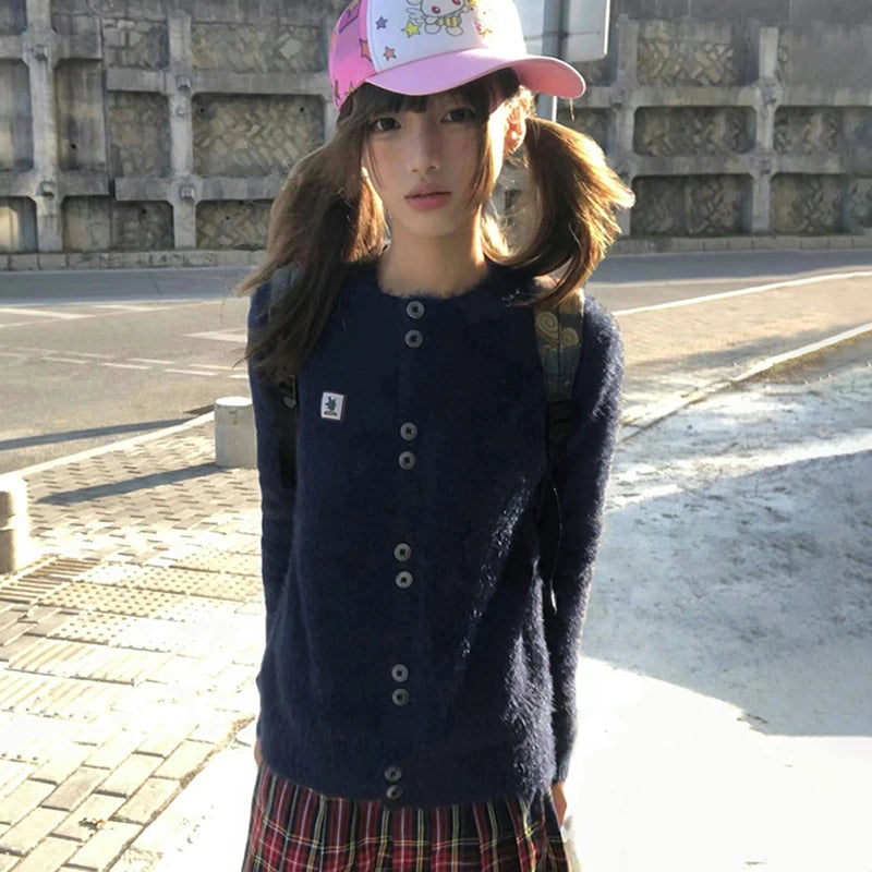 Japanese Y2k Furry Cardigan 2000s Style Knitted Fur Coat Vintage Harajuku Navy Blue Thick Knitwear Korean Fashion 90s