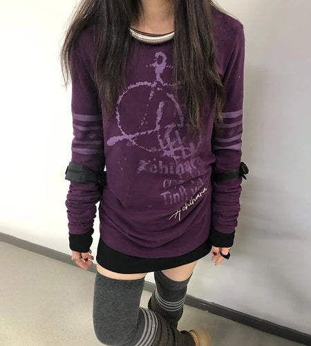 Japanese Y2k Letter Print T-shirt Grunge 2000s Style Long T Shirt Vintage Harajuku Long Sleeve Purple Top American Retro