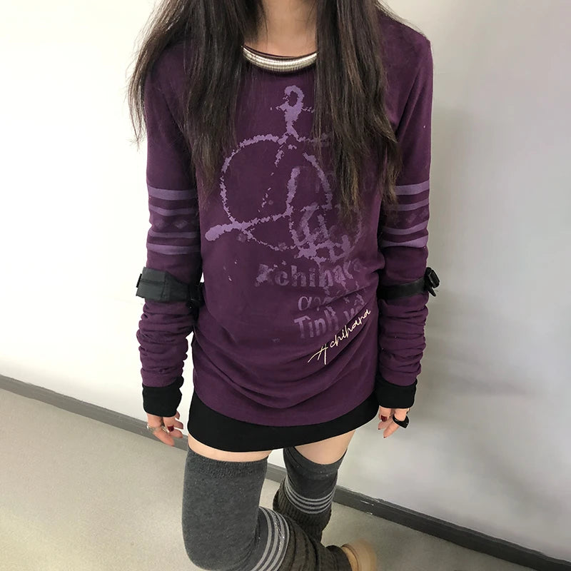 Japanese Y2k Letter Print T-shirt Grunge 2000s Style Long T Shirt Vintage Harajuku Long Sleeve Purple Top American Retro