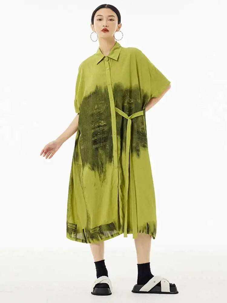 Women Green Pattern Printed Belted Big Size Shirt Dress New Lapel Short Sleeve Fashion Tide Spring Summer 2025  1DH5759