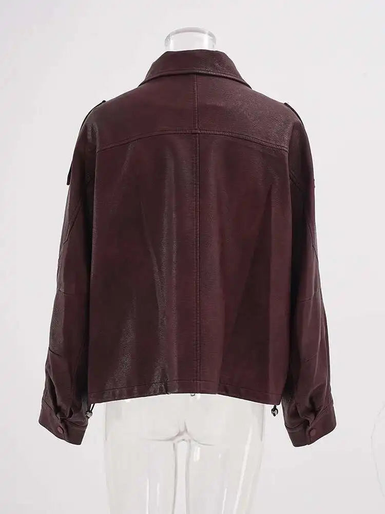 PU Leather Wine Red Vintage Big Size Jacket New Lapel Long Sleeve Women Coat Fashion Tide Spring Autumn 2025 CP6A0015