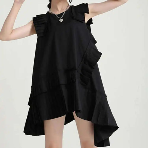 Load image into Gallery viewer, Women White Irregular Pleated Big Size Elegant Dress New Round Neck Sleeveless Fashion Tide Spring Summer 2025 1DH5375
