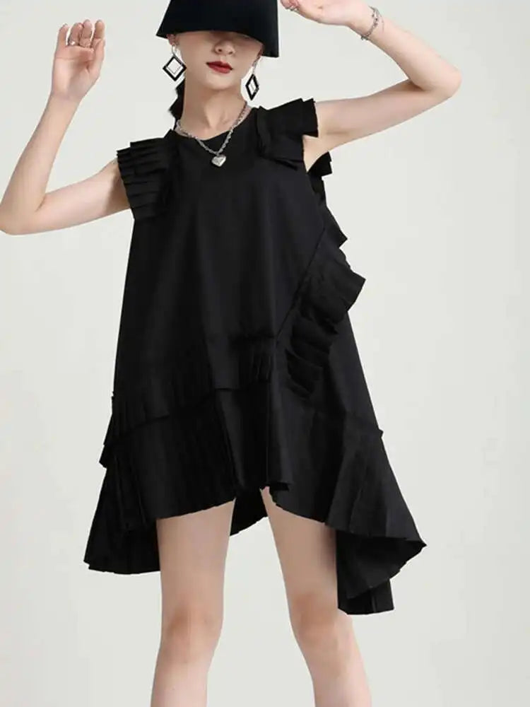 Women White Irregular Pleated Big Size Elegant Dress New Round Neck Sleeveless Fashion Tide Spring Summer 2025 1DH5375