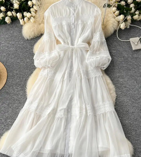 Vintage Women's Solid Single Breasted Bow Lace- Up Long Dress Autumn Lace Patchwork Long Sleeved Evening Party Princess Dresses