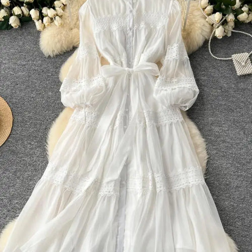 Load image into Gallery viewer, Vintage Women's Solid Single Breasted Bow Lace- Up Long Dress Autumn Lace Patchwork Long Sleeved Evening Party Princess Dresses
