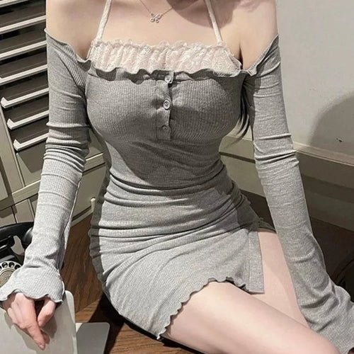 Load image into Gallery viewer, Sexy Bodycon Dress Women Y2k Lace Wrap Slim Skinny Off Shoulder Split Short Dresses Party Two-piece Suit Fashion
