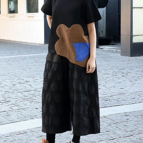 Load image into Gallery viewer, Women Black Color-block Irregular Big Size T-shirt New Round Neck Shorr Sleeve Fashion Tide Spring Summer 2025 1DJ0562
