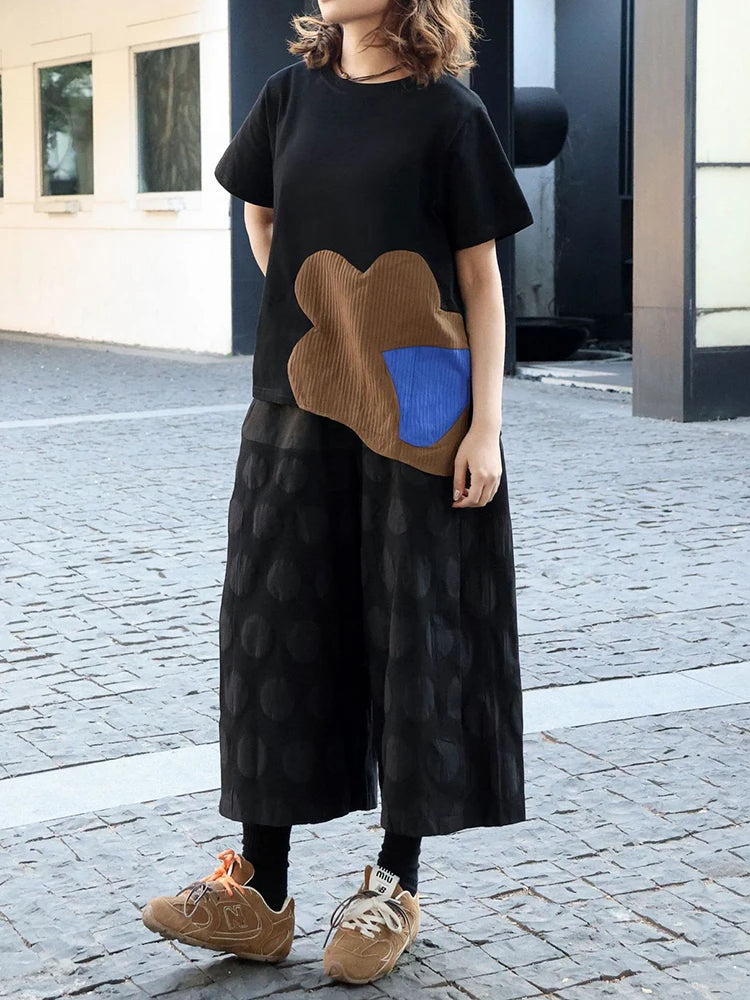 Women Black Color-block Irregular Big Size T-shirt New Round Neck Shorr Sleeve Fashion Tide Spring Summer 2025 1DJ0562