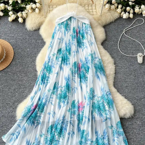 Load image into Gallery viewer, Summer New French Women's Blue Floral Patchwork Temperament Pleated Halter Lace-up Dress Vintage Elegant Backless Evening Dress
