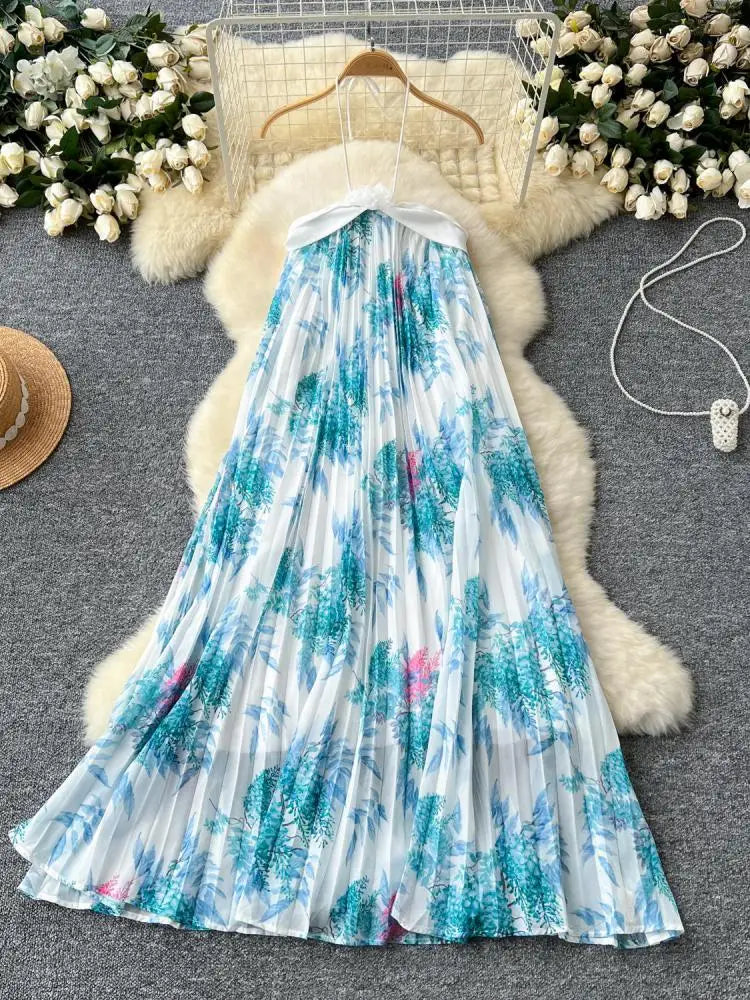 Summer New French Women's Blue Floral Patchwork Temperament Pleated Halter Lace-up Dress Vintage Elegant Backless Evening Dress