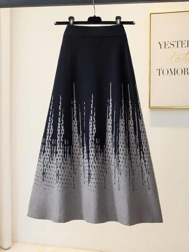 Korean Vintage 2024 Autumn Winter New Elegant Print Crochet Knit Long Skirt Women Casual Thick High Waist Pack Hip A-line Skirts