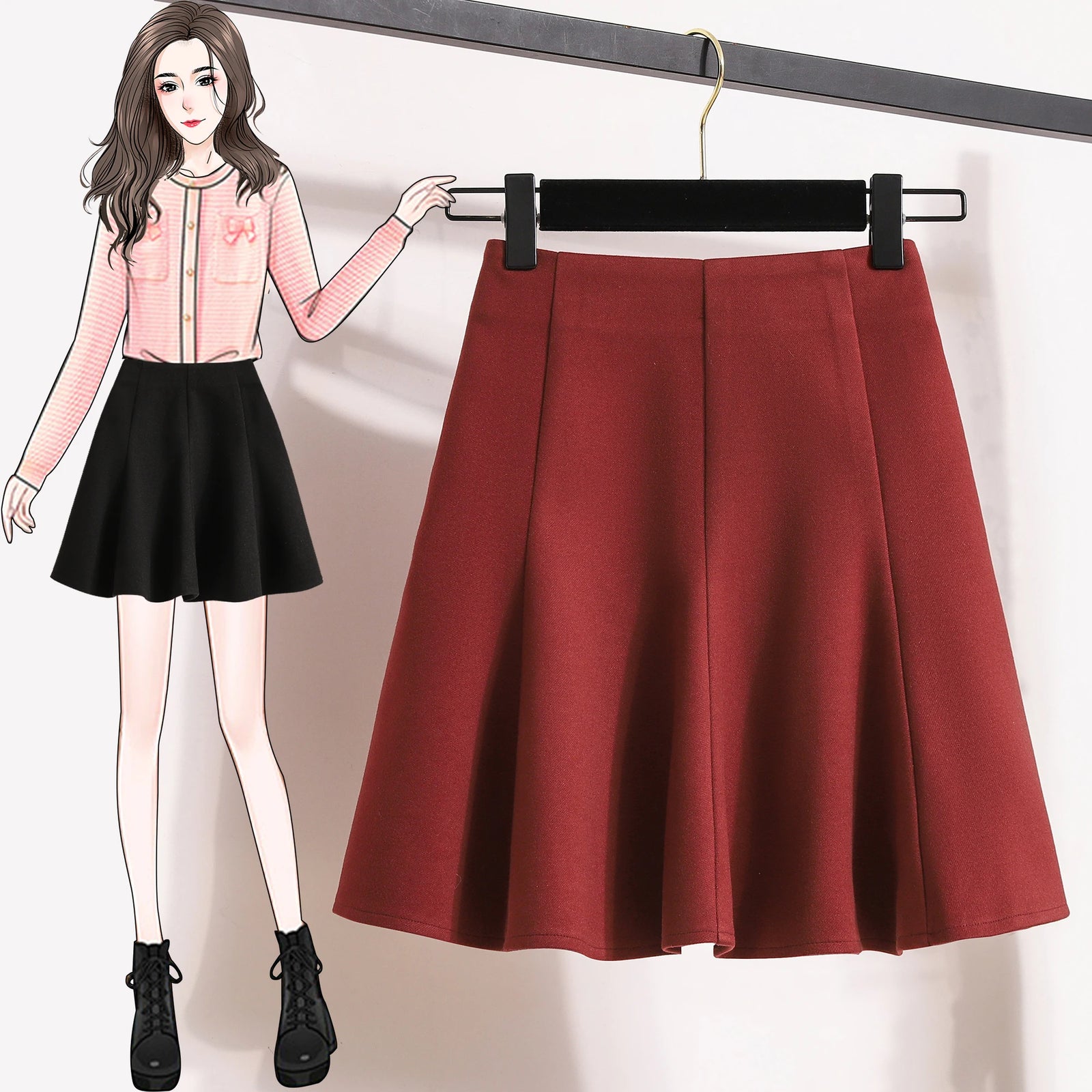 Solid Elegant Zippered Woolen Short Skirt Ladies 2023 Autumn Winter Women's High Waist Korean Plus Size Party Mini Pleated Skirt