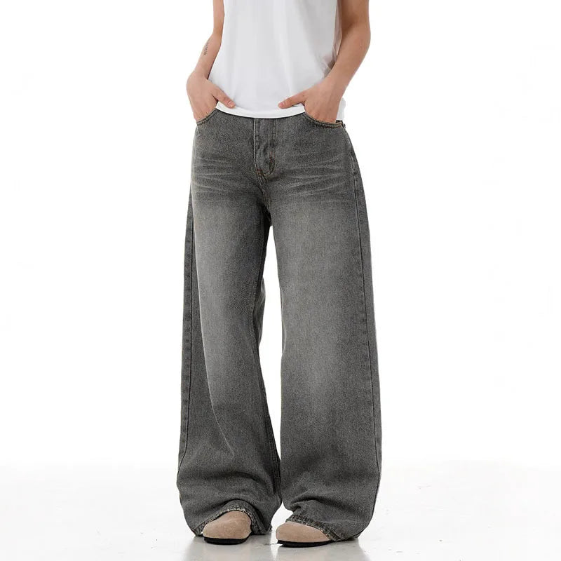 Men's Jeans New American Style  Straight Leg Washed Loose Stylish High Street Gradient Color Trendy Male Trousers 9W1717