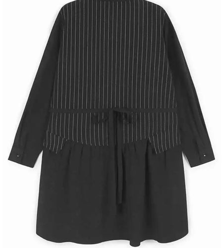 Women Black Striped Drawstring Big Size Knee-Length Dress New Lapel Long Sleeve Fashion Tide Spring Autumn 2025 1DH9966
