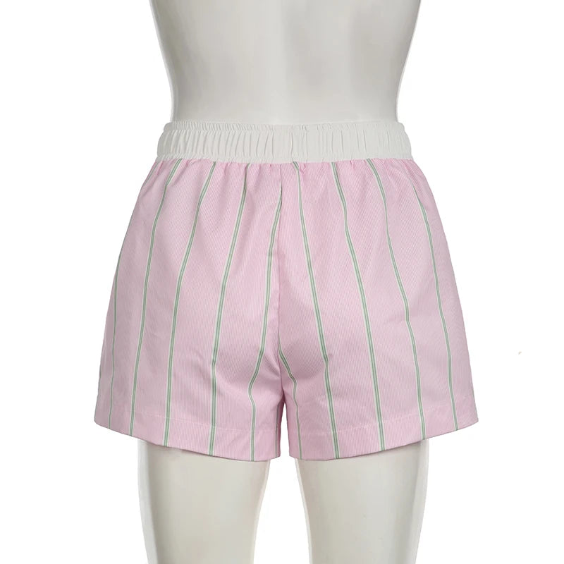 Casual Pink Stripe Basic Summer Shorts Women Buttons Homewear Elastic Waist Korean Fashion Hotpants Hottie Contrast