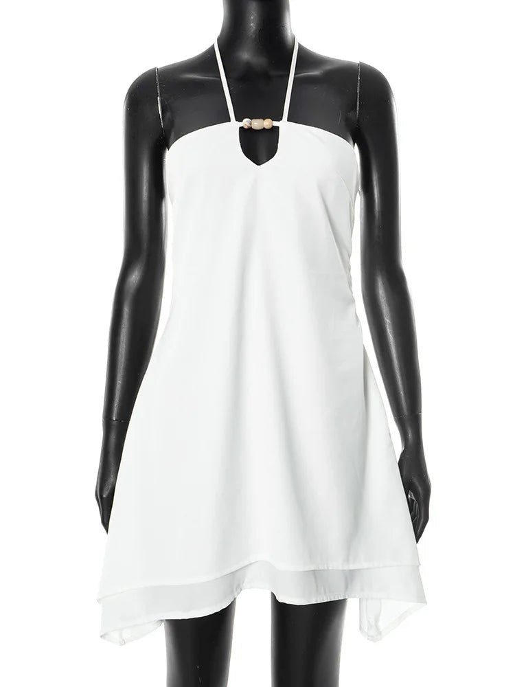 Halter Off-shoulder Backless Sexy Mini Dress Women White Hollow Out Strapless Lace-up A-line Club Dress Summer 2025