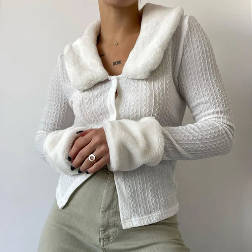 Load image into Gallery viewer, Stylish White Winter T-shirt Women Faux Fur Trim Collar Buttons Up Fluffy Cardigan Streetwear Slim Top Outwear Autumn
