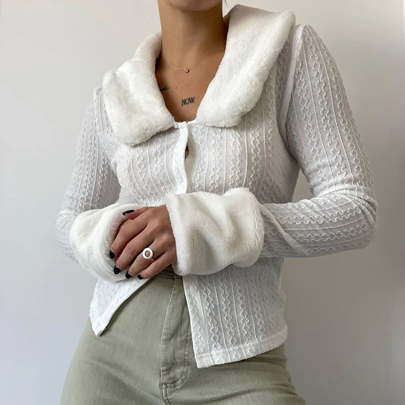 Stylish White Winter T-shirt Women Faux Fur Trim Collar Buttons Up Fluffy Cardigan Streetwear Slim Top Outwear Autumn