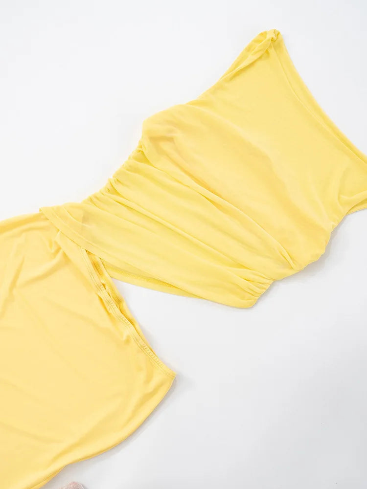 Diagonal Collar Backless Sexy Maxi Dress Women Gown Summer New Sleeveless Sheer Mesh Hollow Out Elegant Long Dress