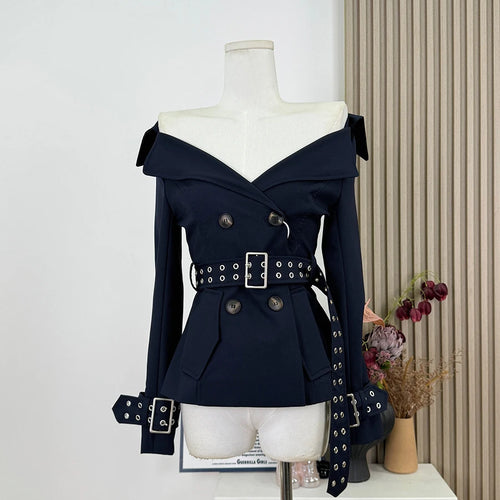 Load image into Gallery viewer, Slimming Spliced Lace Up Elegant Jackets for Women V Neck Long Sleeves Patchwork Double Breasted Jacket Female New
