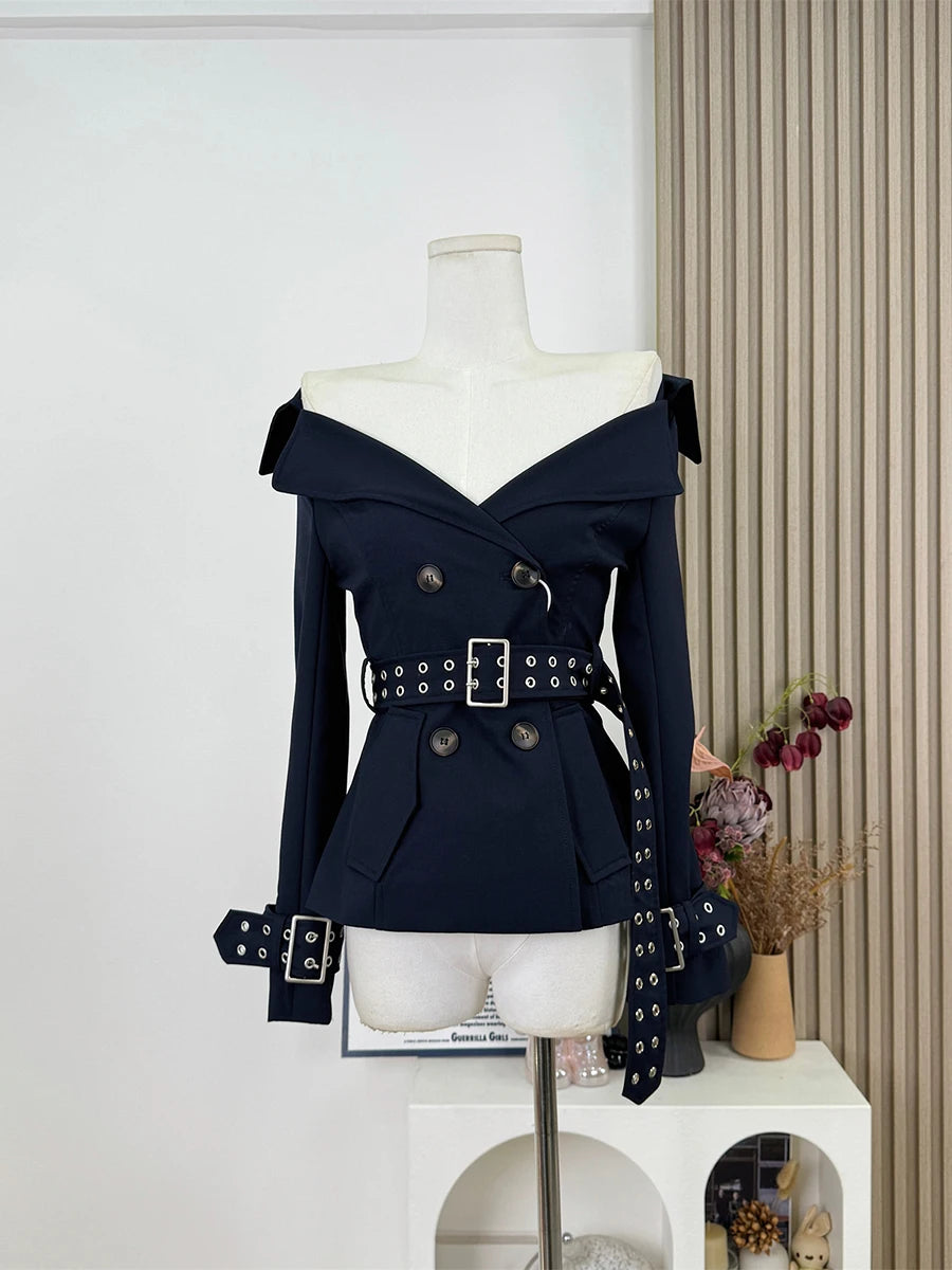 Slimming Spliced Lace Up Elegant Jackets for Women V Neck Long Sleeves Patchwork Double Breasted Jacket Female New