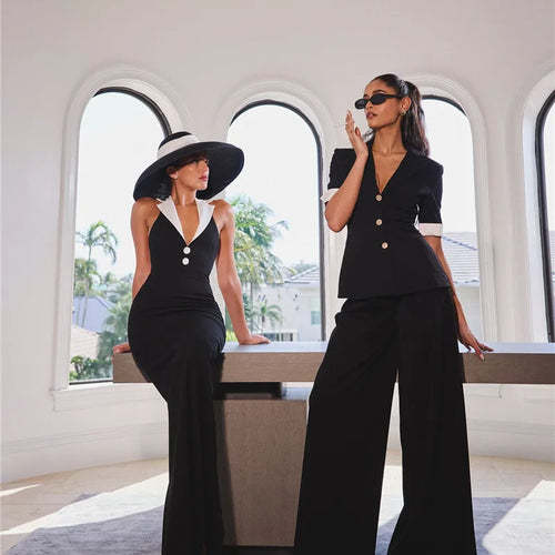 Load image into Gallery viewer, Halter Backless Sexy Maxi Dress For Women Gown Contrast Color Notched Collar Sleeveless Bodycon Club Party Tank Dress
