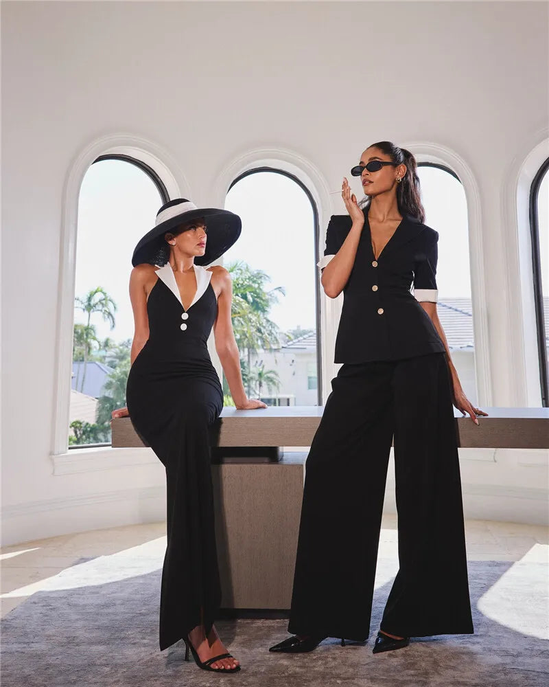 Halter Backless Sexy Maxi Dress For Women Gown Contrast Color Notched Collar Sleeveless Bodycon Club Party Tank Dress