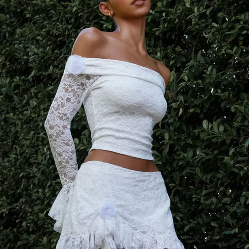 Load image into Gallery viewer, Sexy One Shoulder Long Sleeved Lace Patchwork Tight Women Suit Slim Top Short Skirt Two-piece Set Female Party Club Set
