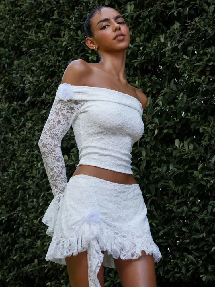 Sexy One Shoulder Long Sleeved Lace Patchwork Tight Women Suit Slim Top Short Skirt Two-piece Set Female Party Club Set