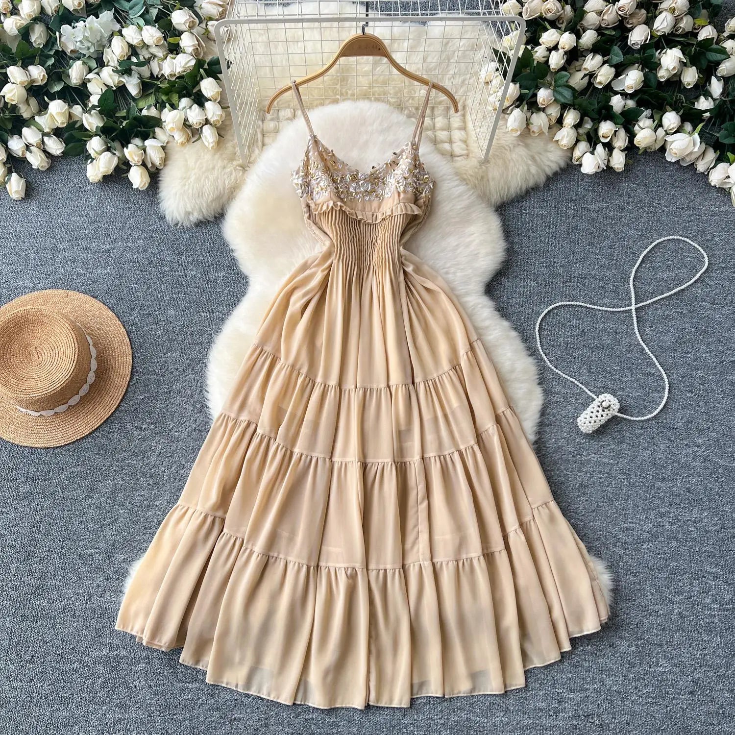 Summer New Women's Fashion Khaki Sequin Sleeveless Ruffles Prom Slip Dress Sexy Elegant Backless Pleated Party Evening Dresses