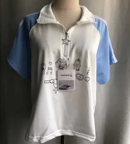 Japanese T Shirts Women Clothes Stand Neck Half Zipper Tees Y2k Tops Casual Fashion Anime Tshirts Preppy Style 2024 Ropa Mujer