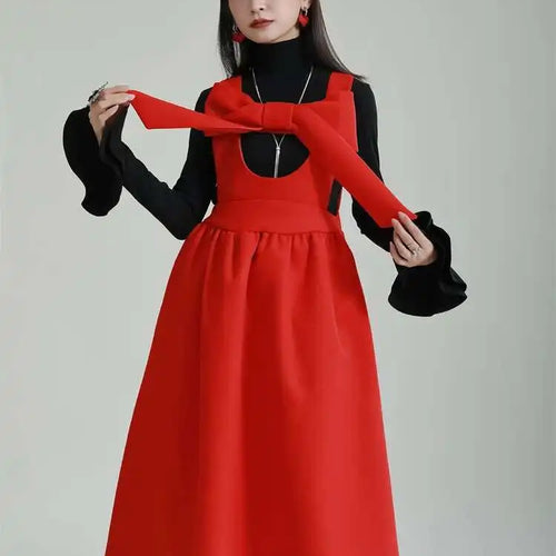 Load image into Gallery viewer, Women Gray Bow Bandage Spliced Long Elegant Woolen Dress New Sleeveless Loose Fit Fashion Tide Autumn Winter 2025 1DF3527
