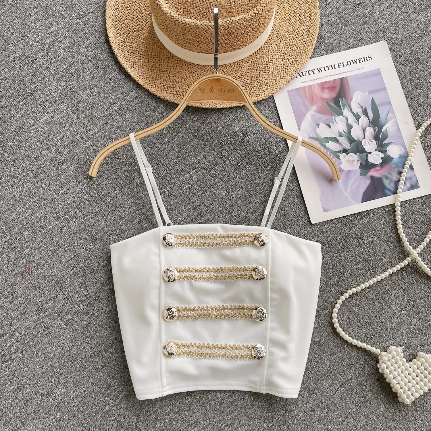 French Style Vintage Black Double Breasted Suspender Women's Summer Sexy Club Slim White Short Slip Top Fashion Versatile Simple