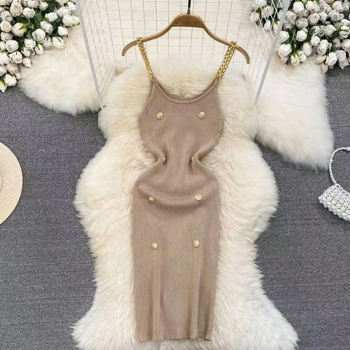 Load image into Gallery viewer, Korean Summer Fashion Women Solid O-neck Button Knitted Midi Dress Sexy Cldub Sleeveless Office Chain Slip Dresses Women Popular
