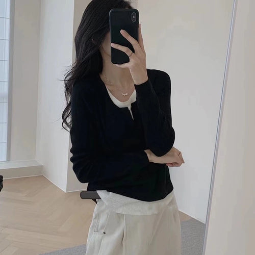 Load image into Gallery viewer, Y2k Aesthetics Fake Two Pieces Streetwear T-shirt Knitted Grunge Casual Loose Tshirt 2025 Autumn Harajuku Irregular Vintage Tops
