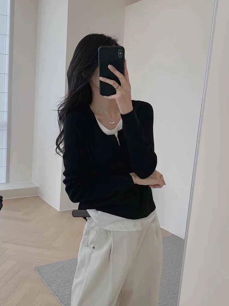 Y2k Aesthetics Fake Two Pieces Streetwear T-shirt Knitted Grunge Casual Loose Tshirt 2025 Autumn Harajuku Irregular Vintage Tops