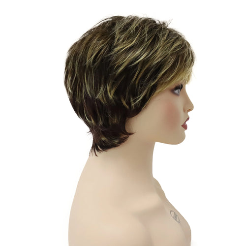 Load image into Gallery viewer, Synthetic Short Pixie Cut Wig Women Natural Hairstyle Bangs Wig Blonde Mix Brown Soft Straight Wig for Chemo Patient
