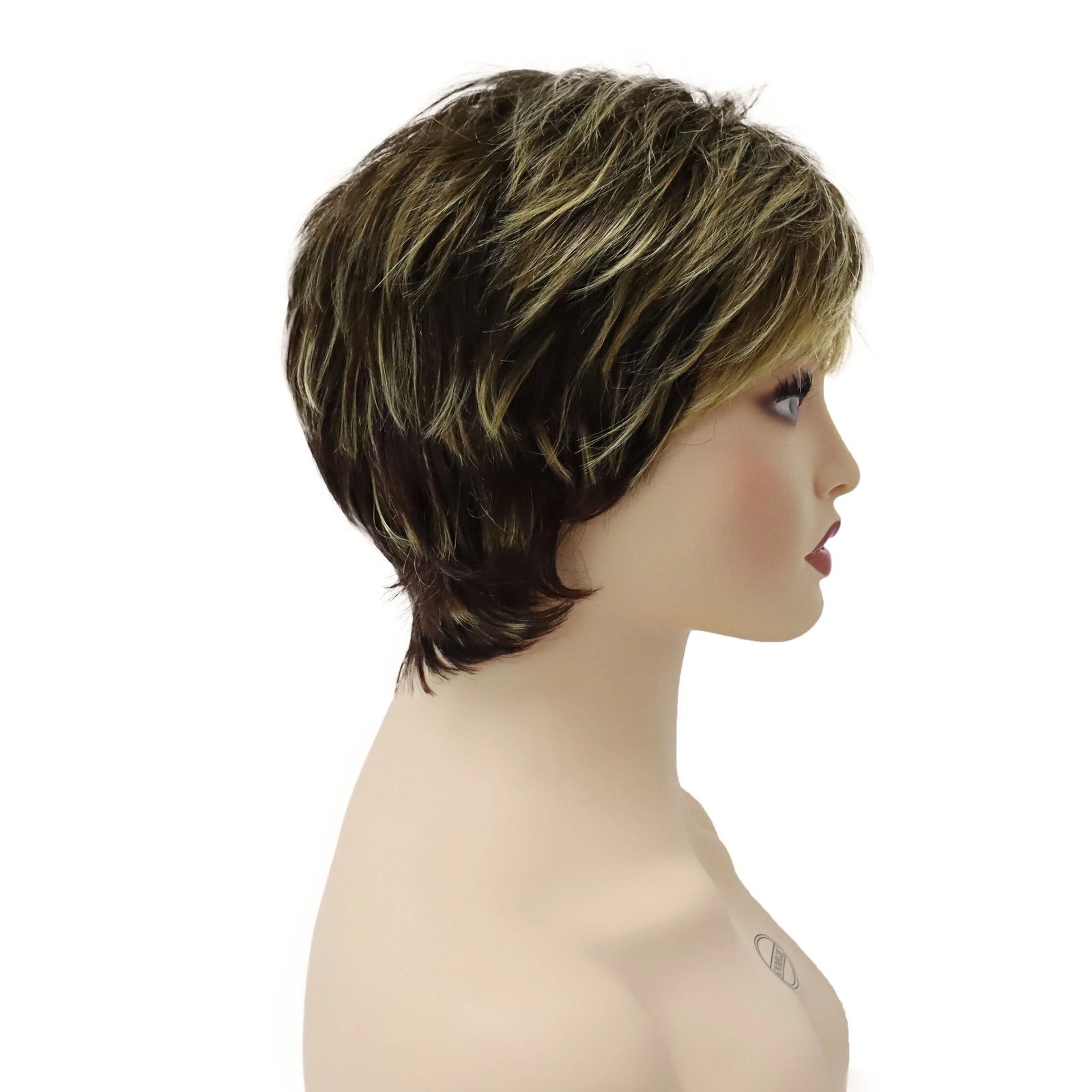 Synthetic Short Pixie Cut Wig Women Natural Hairstyle Bangs Wig Blonde Mix Brown Soft Straight Wig for Chemo Patient