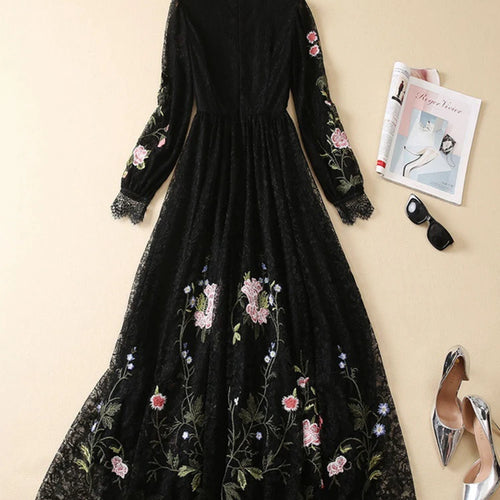 Load image into Gallery viewer, Floral Embroidery Slimming Dress For Women Round Neck Long Sleeve High Waist Temperament Lace A Line Dress Female Fashion
