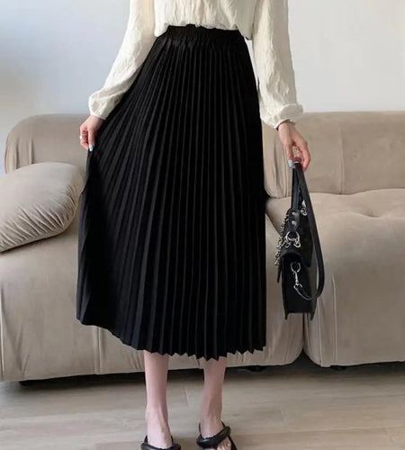 Spring Summer Black Beige High Waist Pleated Long Skirts Korean Fashion Women Blue Yellow Versatile A-line Half Skirt Streetwear