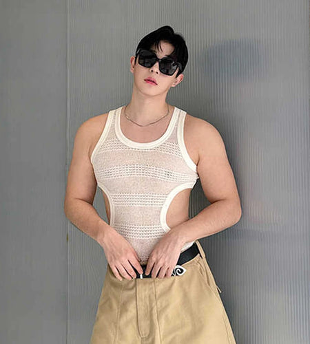 Summer Slim-fit Vest Sexy Men's Wear Hollowed Side Waist Round Collar Male Vests new Fashion Male Sleeveless Top 9C5939