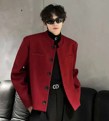 Stylish Men's Suit Jackets Stand Collar Single Breasted Shoulder Padded Slim Casual Thickened Male Short Blazers 9W223