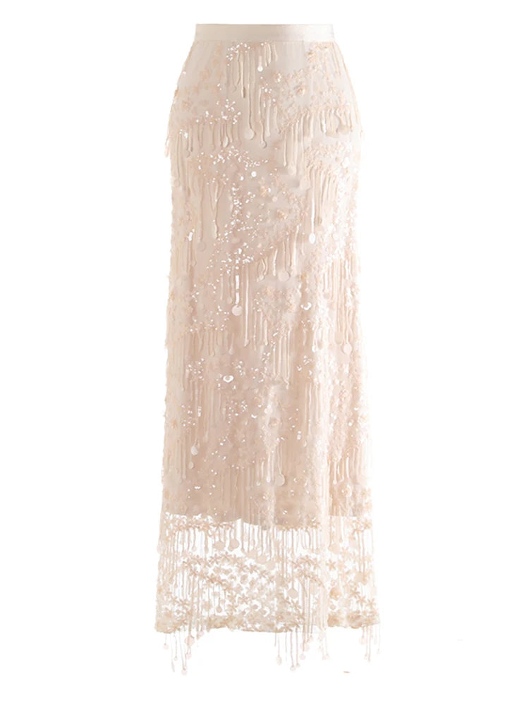 High Elastic Waist Black Sequins Tassels Elegant Long Half-body Skirt Women Fashion Tide New Spring Autumn 2025 1DJ0650