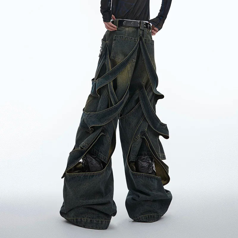 Niche Deconstruction Worn-out Washed Hollowed Out Jeans Vintage Pants Patchwork High Street Male Trousers 24E1535