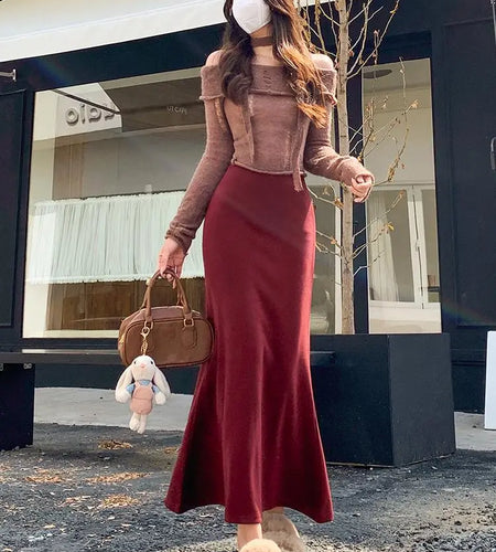 French Fashion Vintage Women Black Red Woolen Long Skirt 2024 Autumn Winter Brown Elegant High Waist Vacation Straight Skirt New